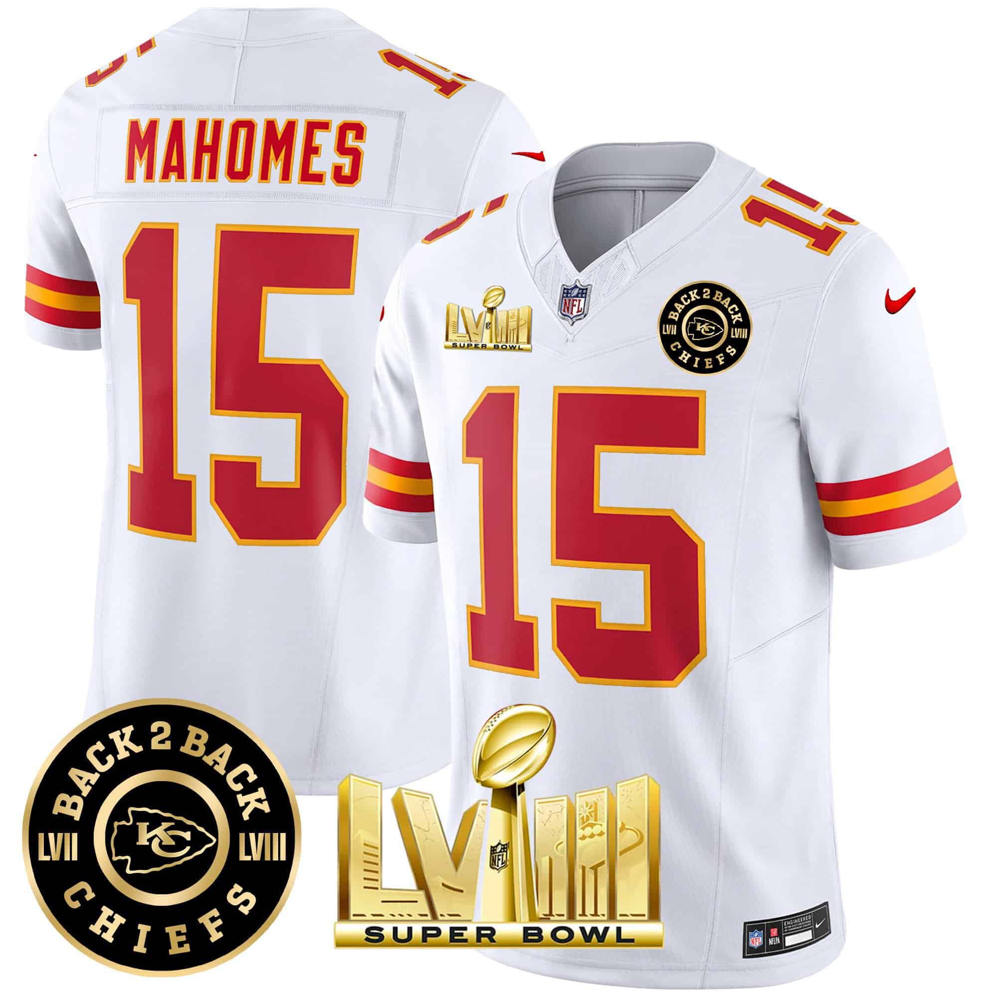 Men Kansas City Chiefs 15 Mahomes White 2024 Nike Super Bowl LVIII & Back 2 Back Patch Vapor NFL Jersey